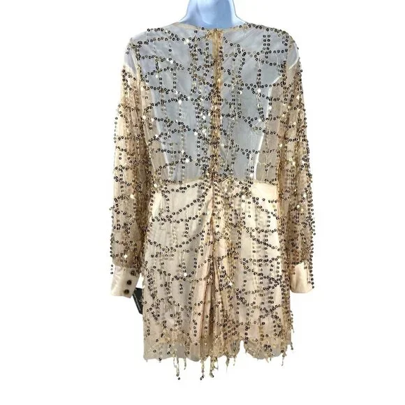 Gold Metallic Flirty Sequined Sheer Mini Romper  Prom Glam Fairy Sexy NWT Sz M - Picture 3 of 16
